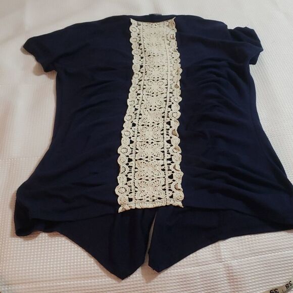Vanity. Adorable Blue Jersey & Cream Lace Back Inset Cardigan. Size L. - Picture 8 of 9